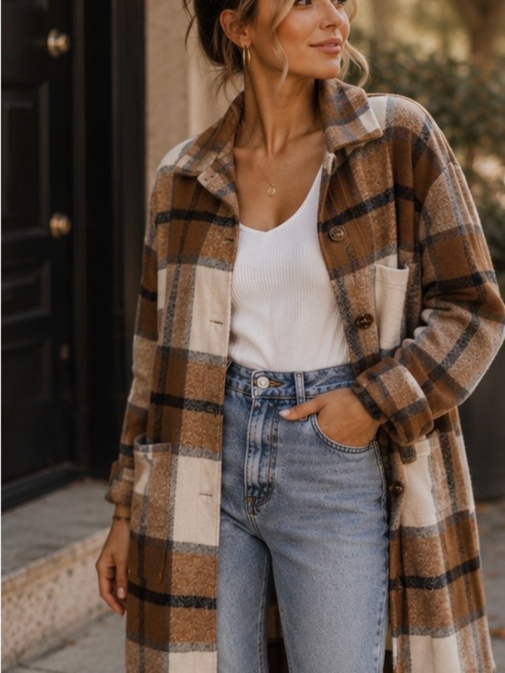 SHEIN Plaid Shacket Camel Cream Oversized Flannel Shirt Jacket Cottagecore SizeS